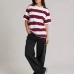 Çizgili Oversize Tişört Bisiklet Yaka Kısa Kol Yazlık T-Shirt - Bordo