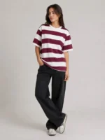 Çizgili Oversize Tişört Bisiklet Yaka Kısa Kol Yazlık T-Shirt - Bordo