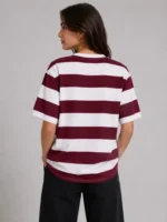 Çizgili Oversize Tişört Bisiklet Yaka Kısa Kol Yazlık T-Shirt - Bordo - Görsel 2