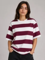 Çizgili Oversize Tişört Bisiklet Yaka Kısa Kol Yazlık T-Shirt - Bordo - Görsel 3