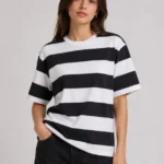 Çizgili Oversize Tişört Bisiklet Yaka Kısa Kol Yazlık T-Shirt - Siyah