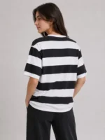 Çizgili Oversize Tişört Bisiklet Yaka Kısa Kol Yazlık T-Shirt - Siyah - Görsel 2