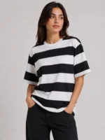 Çizgili Oversize Tişört Bisiklet Yaka Kısa Kol Yazlık T-Shirt - Siyah - Görsel 3
