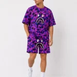 Erkek Oversize Kalıp Pubg Bape X Shark Nakışlı Cepli Şort Takım - Mor