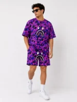 Erkek Oversize Kalıp Pubg Bape X Shark Nakışlı Cepli Şort Takım - Mor