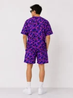 Erkek Oversize Kalıp Pubg Bape X Shark Nakışlı Cepli Şort Takım - Mor - Görsel 2
