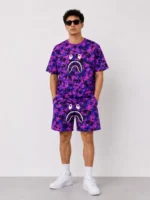 Erkek Oversize Kalıp Pubg Bape X Shark Nakışlı Cepli Şort Takım - Mor - Görsel 3