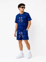 Erkek Oversize Kalıp Pubg Bape X Shark Nakışlı Cepli Şort Takım - Mavi - Görsel 3