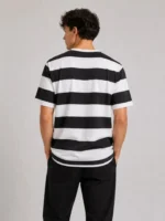 Erkek Çizgili Oversize Tişört Bisiklet Yaka Kısa Kol Yazlık T-Shirt - Siyah - Görsel 2