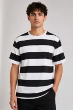 Erkek Çizgili Oversize Tişört Bisiklet Yaka Kısa Kol Yazlık T-Shirt - Siyah - Görsel 3
