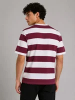 Erkek Çizgili Oversize Tişört Bisiklet Yaka Kısa Kol Yazlık T-Shirt - Bordo - Görsel 2
