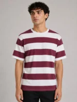 Erkek Çizgili Oversize Tişört Bisiklet Yaka Kısa Kol Yazlık T-Shirt - Bordo - Görsel 3