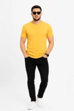 Erkek Basic Tişört Bisiklet Yaka Kısa Kol Günlük Yazlık Slim Fit T-Shirt - Sarı - Görsel 3
