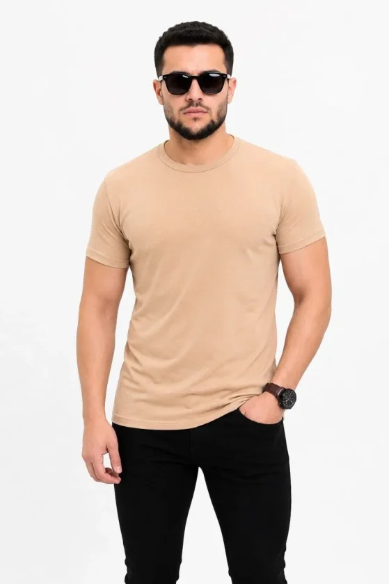Erkek Basic Tişört Bisiklet Yaka Kısa Kol Günlük Yazlık Slim Fit T-Shirt - Bej Erkek Basic Tişört Bisiklet Yaka Kısa Kol Günlük Yazlık Slim Fit T-Shirt - Bej - Görsel 1