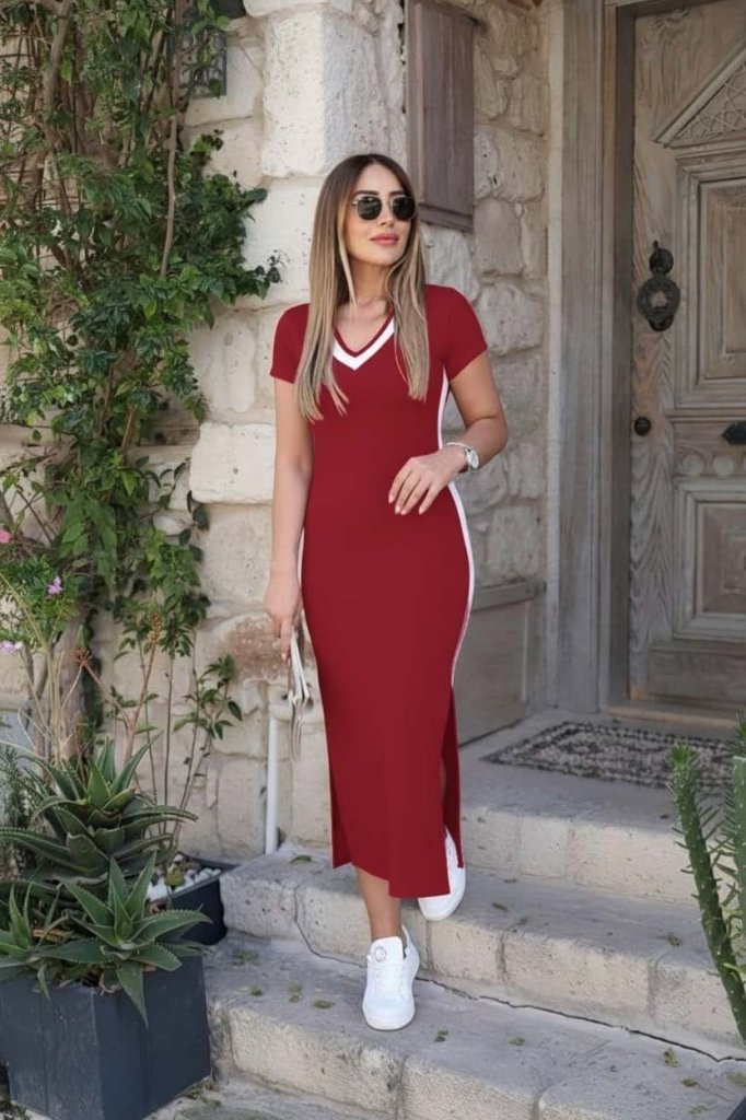 Kadın Kısa Kollu V Yakalı Yandan şerit Ve Yırtmaçlı Viskon Uzun Elbise Kadın Kısa Kollu V Yakalı Yandan şerit Ve Yırtmaçlı Viskon Uzun Elbise - Görsel 1
