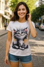 Kadın Kısa Kollu Bisiklet Yaka Kedi Baskılı Süprem Bluz - Görsel 2