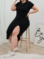 Kadın Büyük Beden Kısa Kollu Yanı Yırtmaçlı Bisiklet Yaka Viskon Elbise - Görsel 3