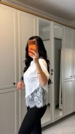 Kısa Kollu Bısıklet Yakalı Dantel Detaylı Vıskon ıkı ıplık Bluz - Görsel 2