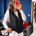 Kadın Uzun Kol Asimetrik Kesim Viskon Bluz Ve çatlak Deri Görünümlü Fermuar Detaylı Yelek Ikili Takım
