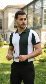 Erkek Kısa Kollu Polo Yakalı Blok Desenli Triko Bluz - Görsel 7