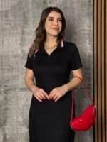 Kadın Kısa Kollu Yakalı Yırtmaçlı Midi Viskon Iki Iplik Elbise - Görsel 3