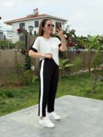 Kadın Kısa Kollu Modal Dokulu Kumaş Yanı şeritli Takım - Görsel 8