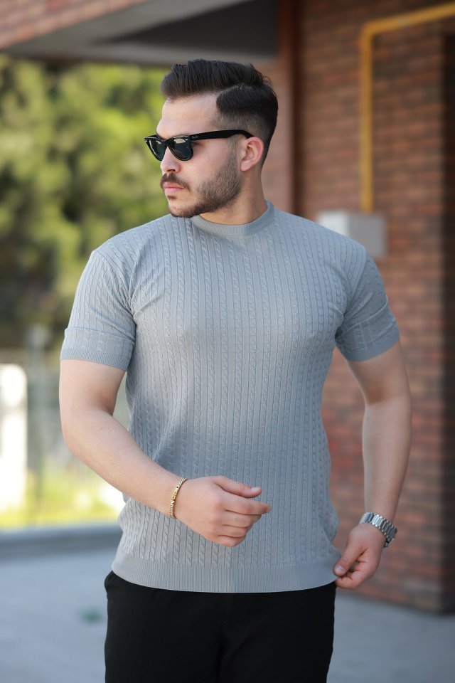 14f2127785f738b7c8f7fc93b2326f6f.jpg Erkek Bisiklet Yaka örgü Desenli Kısa örme Triko Kısa Kollu T-shirt - Görsel 1