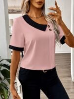 Kadın Kısa Kollu Asımetrik Yaka Detaylı Düğmeli Dubai Bluz - Görsel 2