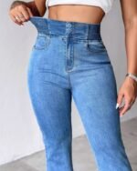 Kadın Yüksek Bel Yanları Lastik önü Düğmeli Kot Pantolon - Görsel 3