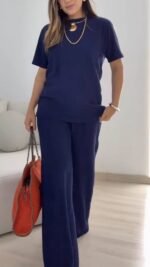 Kadın Kısa Kollu Bisiklet Yaka Viskon Iki Iplik Bluz Ve Pantolon Ikili Takım - Görsel 4