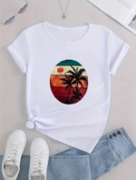 Kadın Kısa Kollu Palmiye Baskılı Viskon T-shirt - Görsel 8