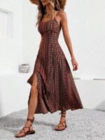 Kadın Ip Askılı Geniş V Yakalı Desenli Yırtmaçlı Süprem Midi Elbise - Görsel 2