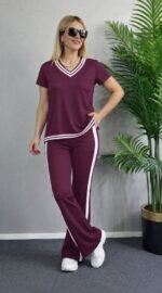 Kadın Kısa Kollu V Yakalı Viskon Iki Iplik Bluz Ve Pantolon Ikili Takım - Görsel 3