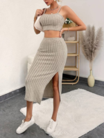 Kadın Kolsuz Askılı Crop Yırtmaçlı Midi Etek Fitilli Kaşkorse Takım - Görsel 2