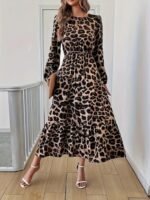 Uzun Kollu Bisiklet Yaka Leopar Desenli Midi Süprem Elbise - Görsel 2