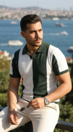 Erkek Kısa Kollu Polo Yakalı Blok Desenli Triko Bluz - Görsel 2