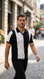 Erkek Kısa Kollu Polo Yakalı Blok Desenli Triko Bluz - Görsel 3