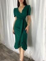 Kadın Kruvaze Yaka Midi Boy Kuşaklı Krep Elbise 120 Cm - Görsel 4