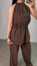Kadın Halter Yaka Beli Kuşak Detaylı Ikili Takım - Görsel 4