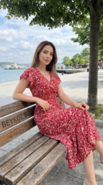 Kadın Kısa Kollu Kruvaze Yaka Beli Lastikli çiçek Desenli Elbise - Görsel 11