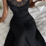 Kadın Askılı Dantel Yakalı Uzun Kalın Fitilli Kaşkorse Gecelik