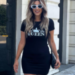 Kadın Kısa Kollu Queen Baskı Iki Iplik Mini Elbise