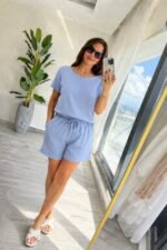 Kadın Kısa Kollu Yakası Açık Modal Bluz Ve Bağcıklı Kısa şort Ikili Takım - Görsel 2