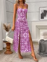 Kadın Ip Askılı Sırttan çapraz Bağlama Detaylı Yırtmaçlı Desenli Midi Süprem Elbise - Görsel 2