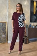 Kadın Kısa Kollu Bisiklet Yaka Zebra Desen Bluz Ve Pantolon Ikili Takım - Görsel 3