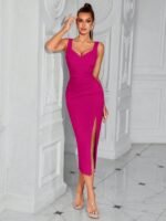Kadın Askılı Gögüs Dekolteli Yandan Büzgülü Yırtmaçlı Midi Ithal Krep Elbise - Görsel 6