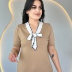 Kadın Kısa Kollu V Yaka Fular Detay Merserize Triko Bbluz