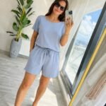 Kadın Kısa Kollu Yakası Açık Modal Bluz Ve Bağcıklı Kısa şort Ikili Takım