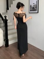 Kadın Göğüs Ve Yakası Dantel Detaylı Kayık Yaka Görünümlü Uzun Ithal Krep Elbise - Görsel 4