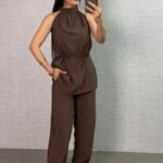 Kadın Halter Yaka Beli Kuşak Detaylı Ikili Takım